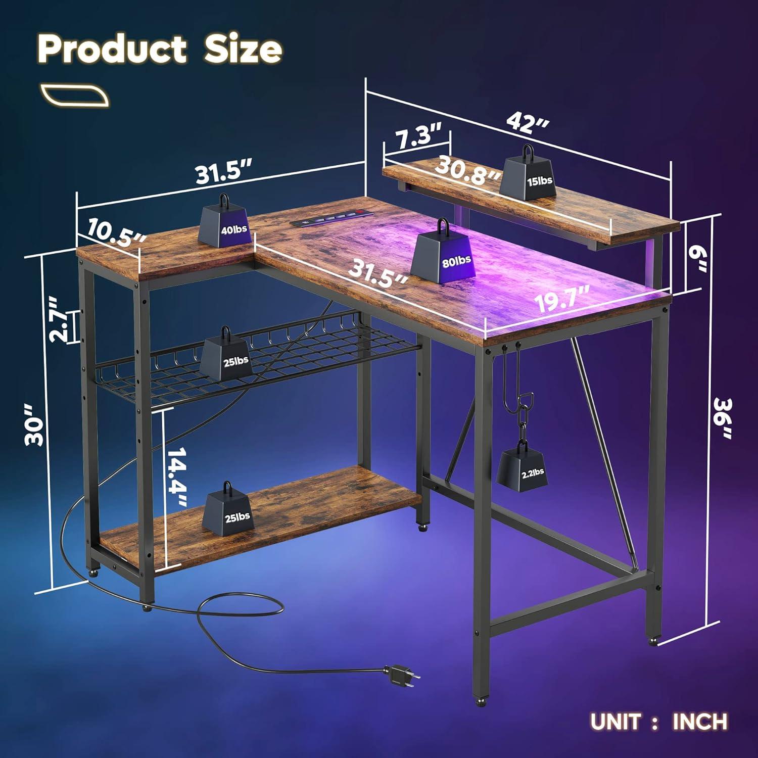 Mesa Gamer forma L con montaje (RGB, carga USB)