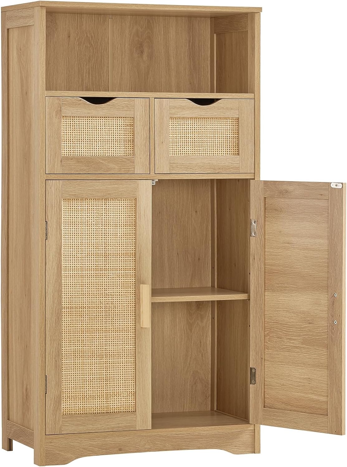 Iwell Armario de almacenamiento con puertas de ratán, gabinete de  almacenamiento de baño con estante ajustable, gabinete de piso para sala de  estar