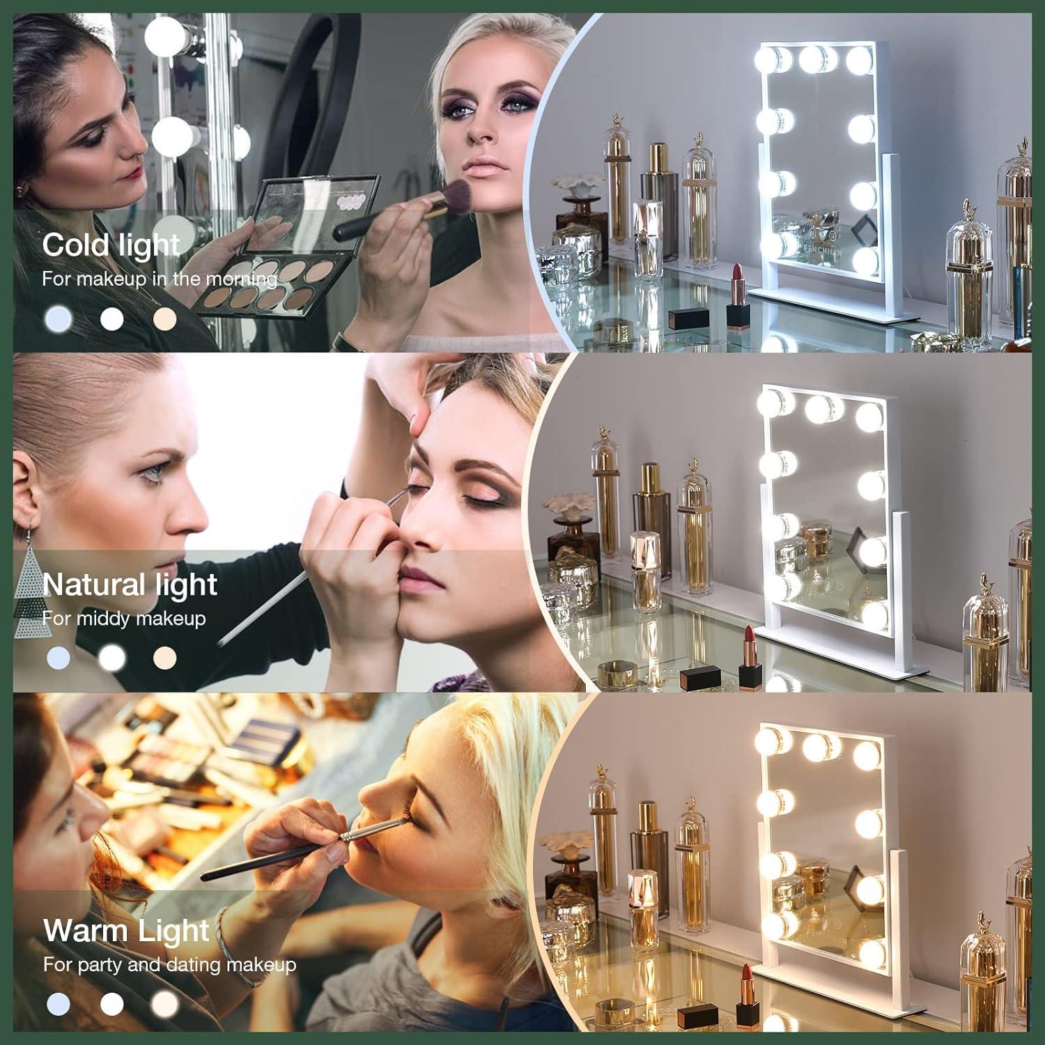 FENCHILIN Espejo Hollywood con luz iluminada, espejo de maquillaje, espejo  de maquillaje, control táctil inteligente, 3 colores, luz dimable