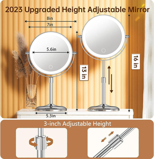 Espejo de maquillaje iluminado con aumento 10X, altura ajustable y 3 luces - VIRTUAL MUEBLES