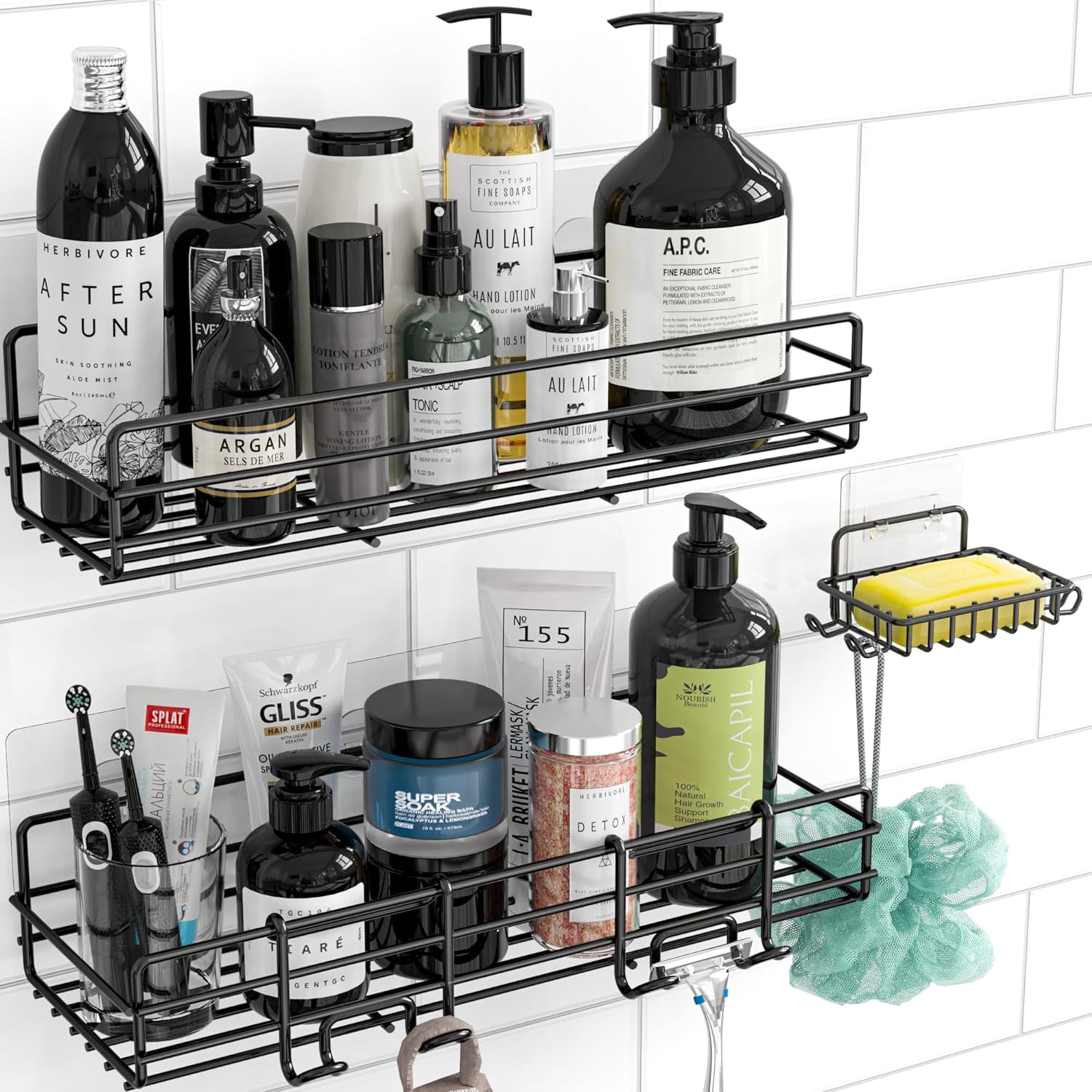 Moforoco Estante organizador de estante de ducha, cesta autoadhesiva negra  para estantes de baño, ducha de pared para casa de campo, decoración