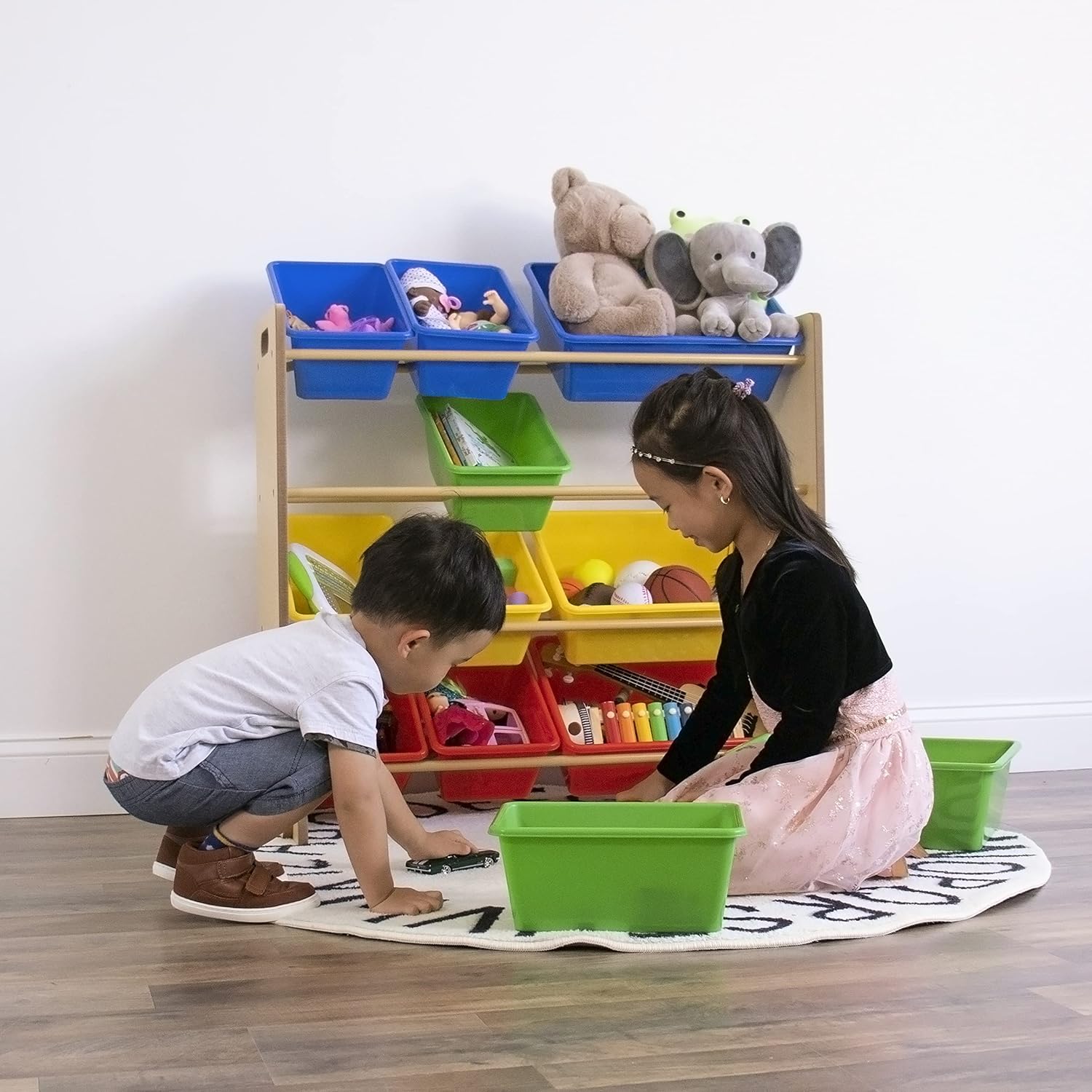 Organizador de juguetes para niños con cajas de almacenamiento Tot Tutors,  Espresso, Plástico, Blanco/Pastel