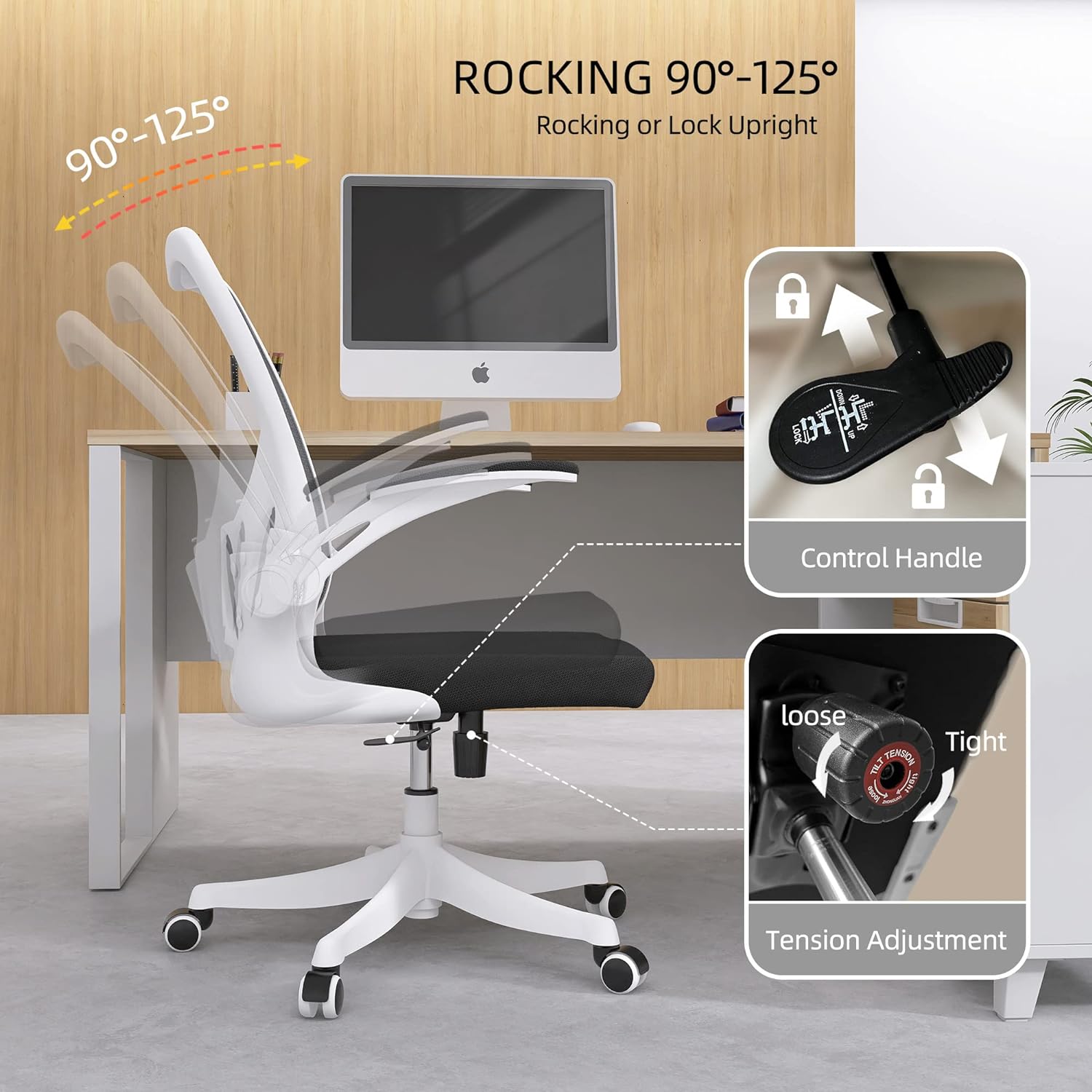 Silla de oficina ergonómica con soporte para el respaldo, silla de oficina  para computadora con reposabrazos abatible, soporte lumbar, ruedas para