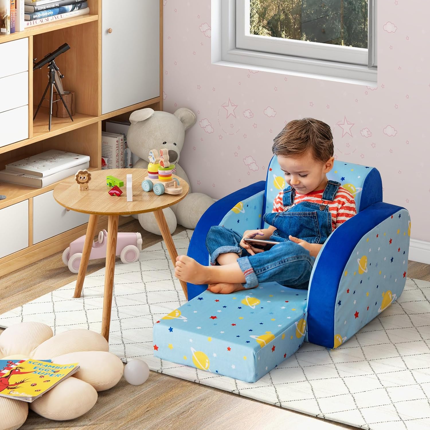 ANONER Sofá convertible para niños, 4 piezas con espuma viscoelástica, sofá  cama plegable para niños, sofá de juego para niños y niñas, color azul