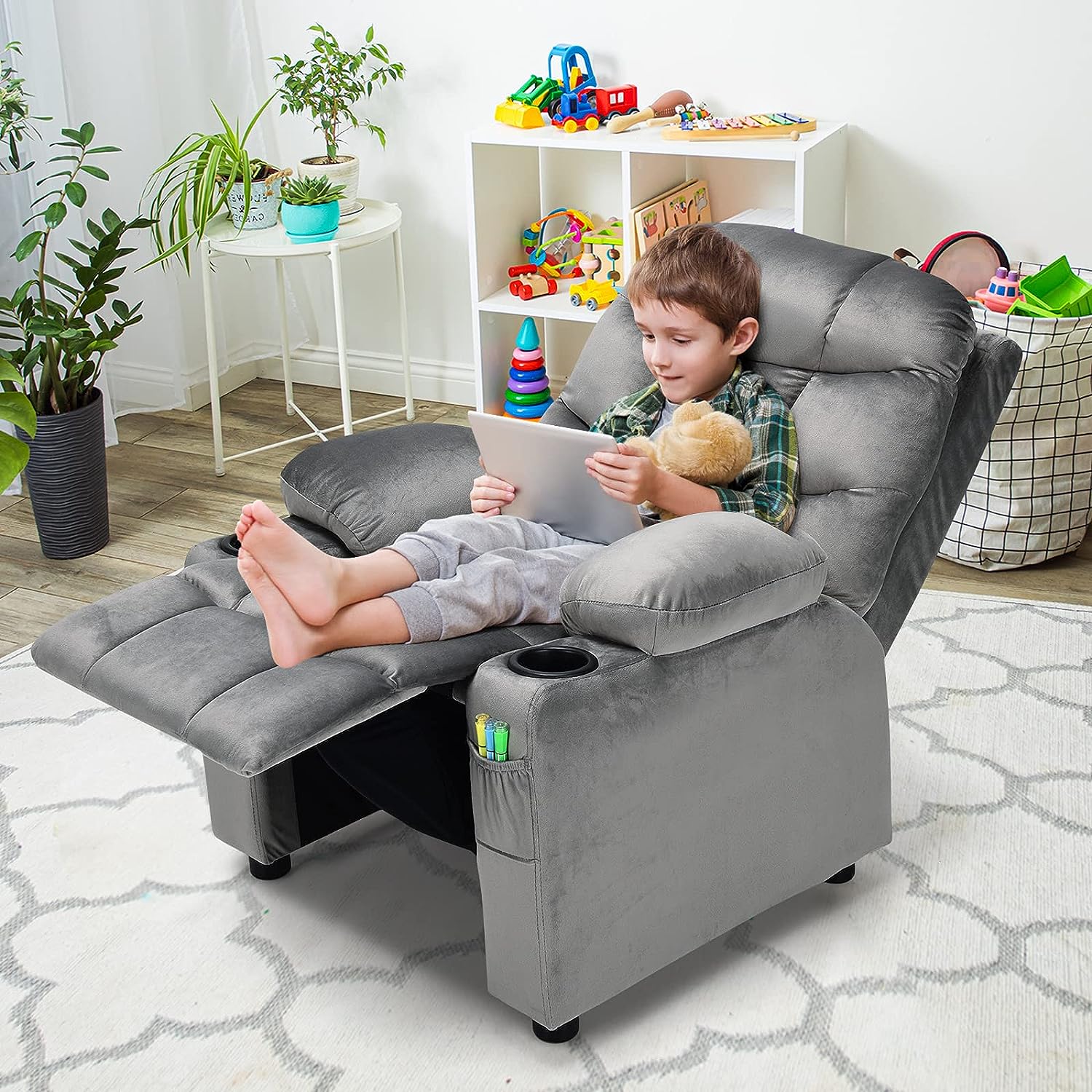 ARLIME Silla reclinable para niños, sillón tapizado con soporte para tazas,  respaldo, sofá de cuero para bebé con reposacabezas y reposapiés, muebles