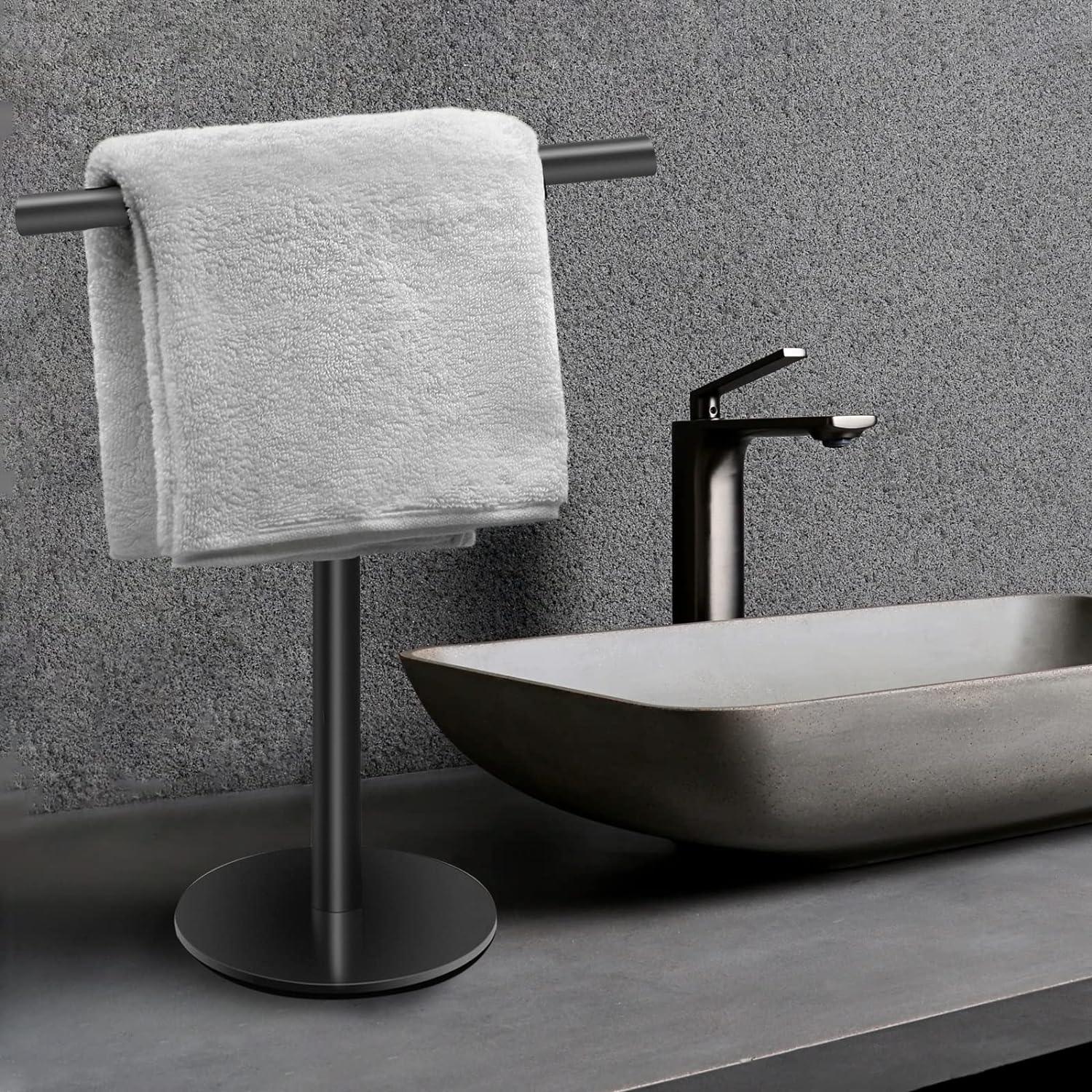 Toallero de mano, toallero de pie doble en forma de T, soporte para toallas  de mano SUS304 de acero inoxidable para encimera de tocador de baño, negro