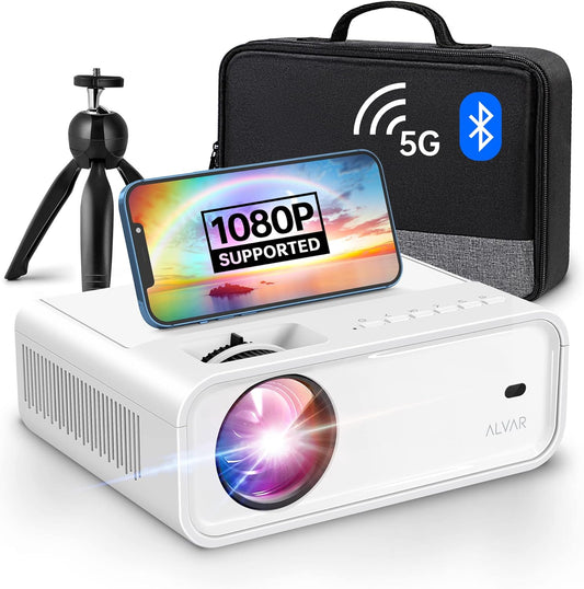 Mini proyector con WiFi 5G y Bluetooth con trípode y bolsa 9000 lúmenes