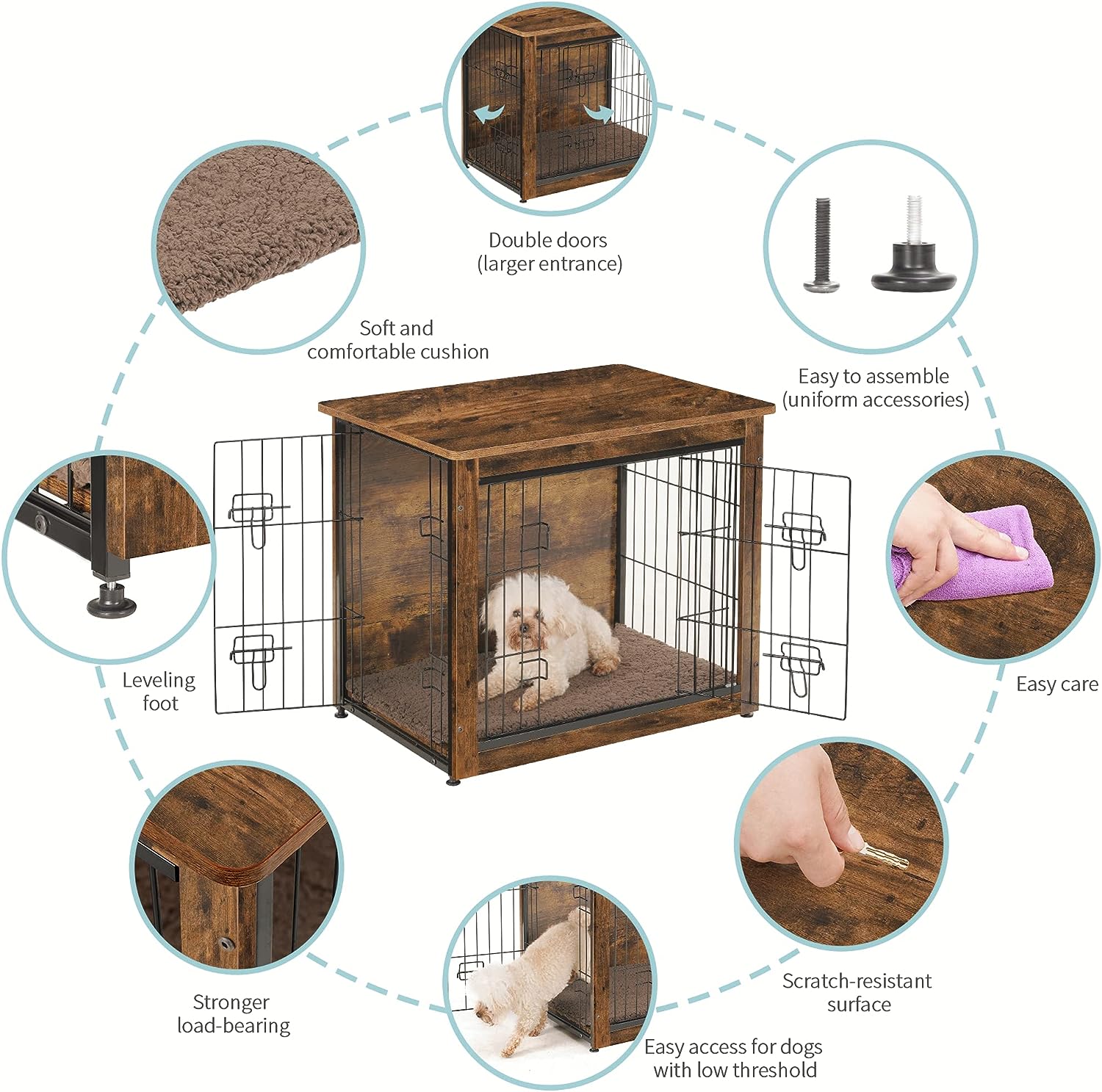 Mueble de jaula para perros con cojín, mesa de madera para perros, muebles de