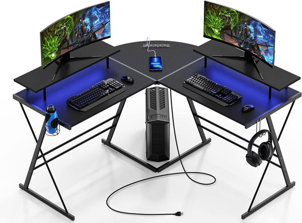  Shahoo Escritorio para juegos en forma de L, mesa de esquina  para computadora de 51 pulgadas con soporte grande para monitor y  superficie de fibra de carbono para oficina en casa