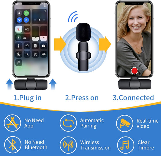 Micrófono Lavalier inalámbrico profesional para iPhone iPad, micrófono de clip
