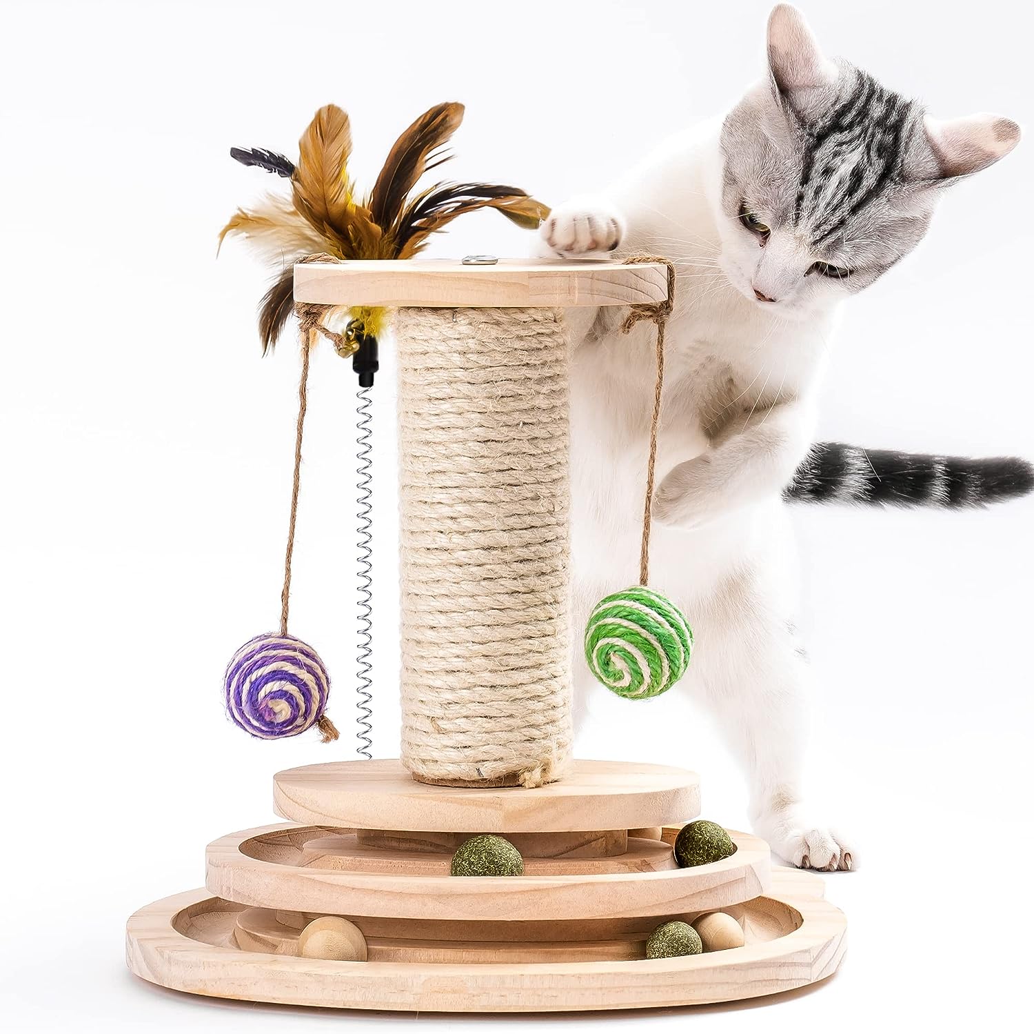 Juguete para gatos de 2 capas con pluma, juguete interactivo para gatos con