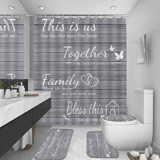 Juego de 4 cortinas de ducha familiares con alfombras antideslizantes, cubierta - VIRTUAL MUEBLES