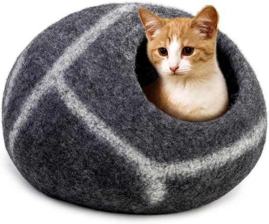 Cama tipo cueva de lana para gatos hecha a mano de 100% lana merina, cueva