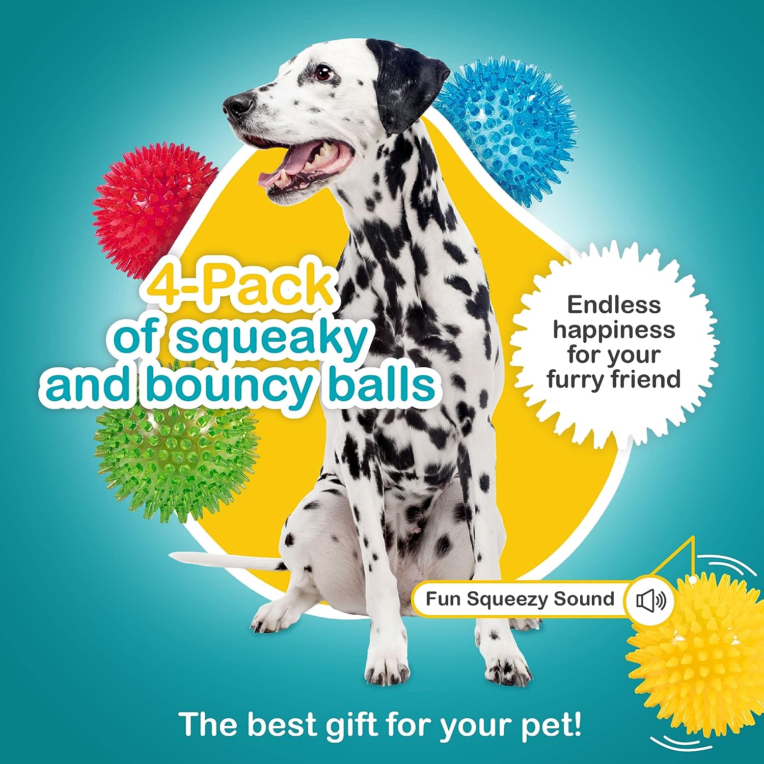 HAREDIG Pelota de juguetes para perros de 3.5 pulgadas, paquete  de 3 bolas de juguete chirriantes, pelotas para perros con pinchos, juguete  masticable para limpieza de dientes, juguetes interactivos para perros