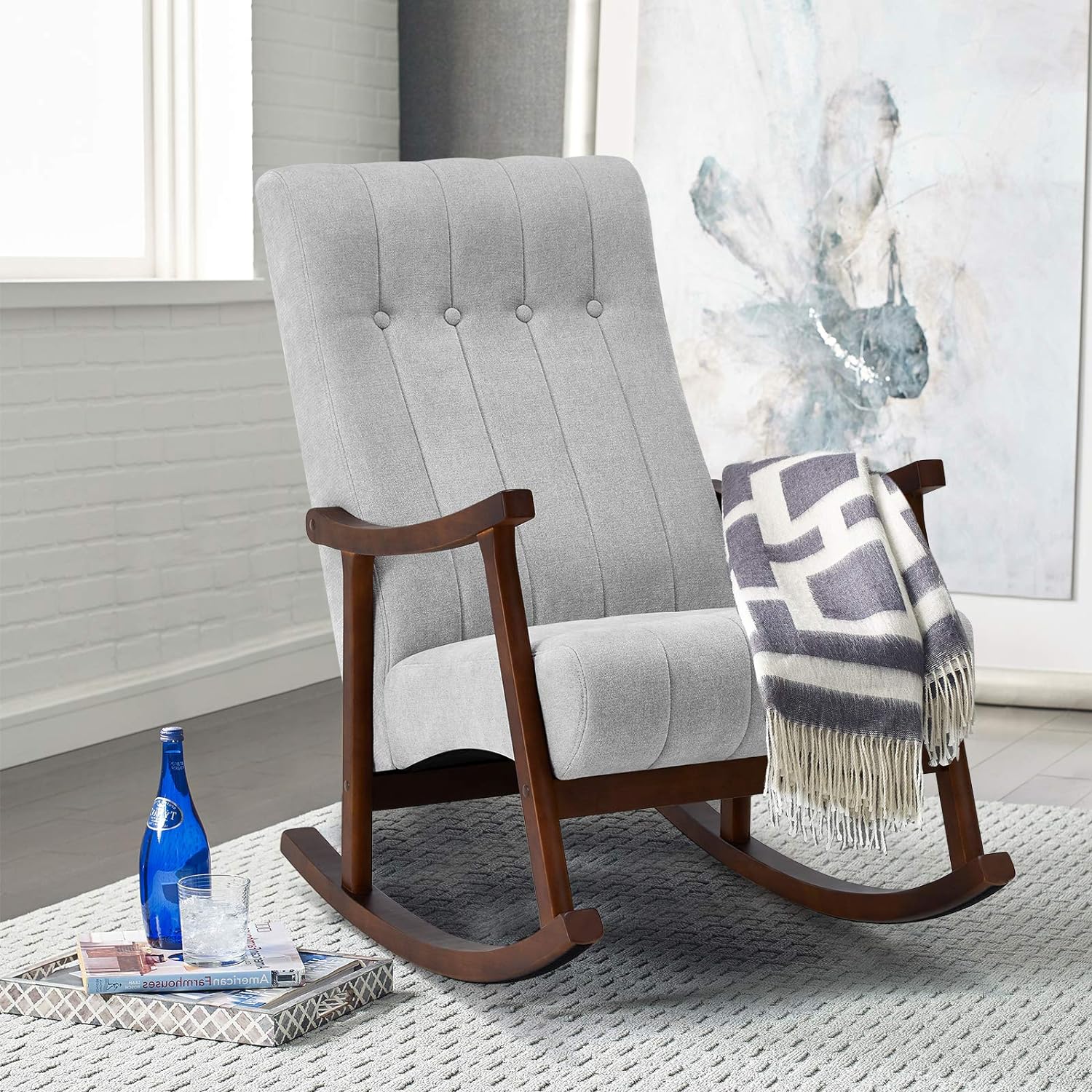 HomVent Mecedora tapizada, moderna y cómoda de terciopelo, silla mecedora  con respaldo alto y base de madera maciza, silla mecedora para adultos y –  Yaxa Store