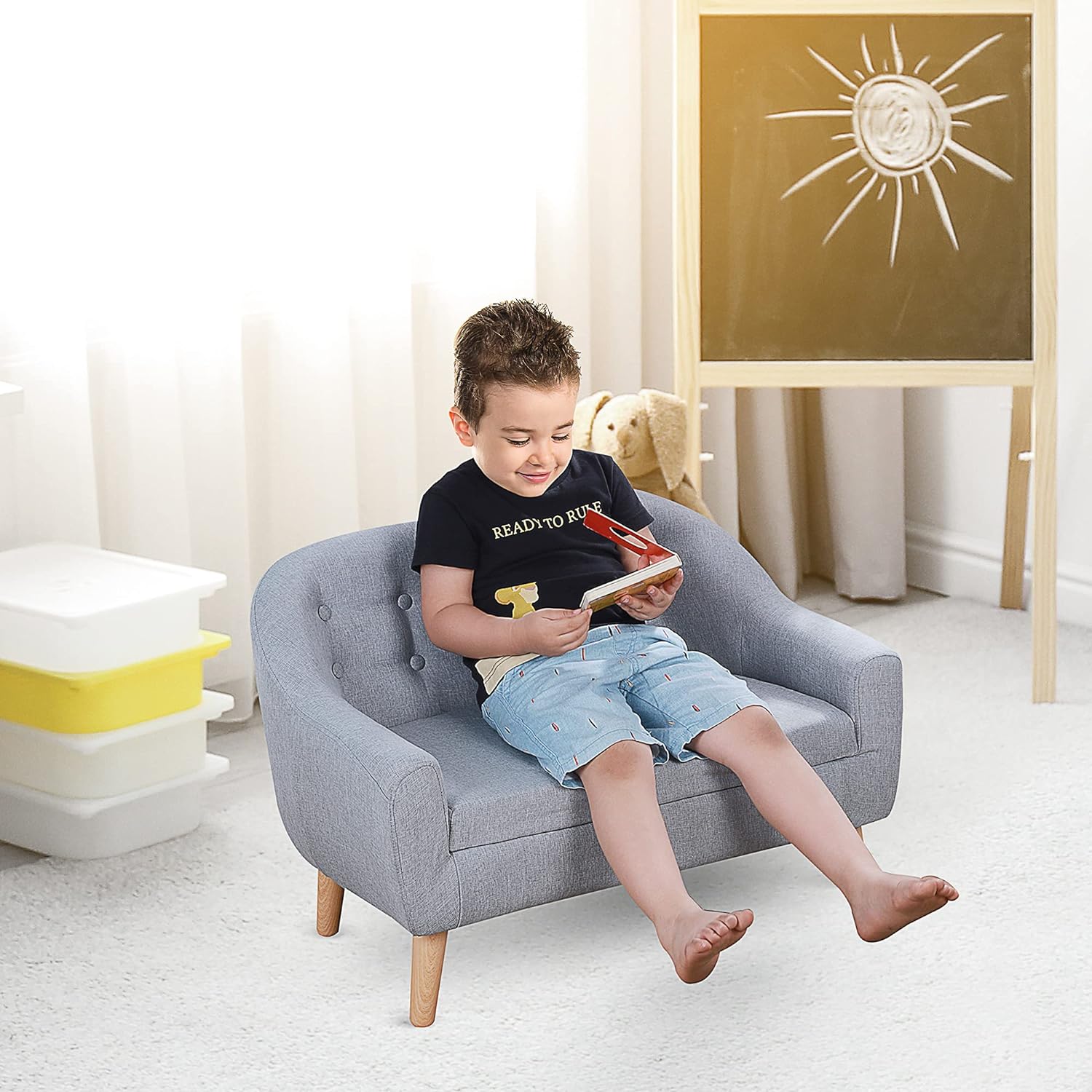 Sofá de 2 asientos para niños de tela de lino y marco de madera para niños y