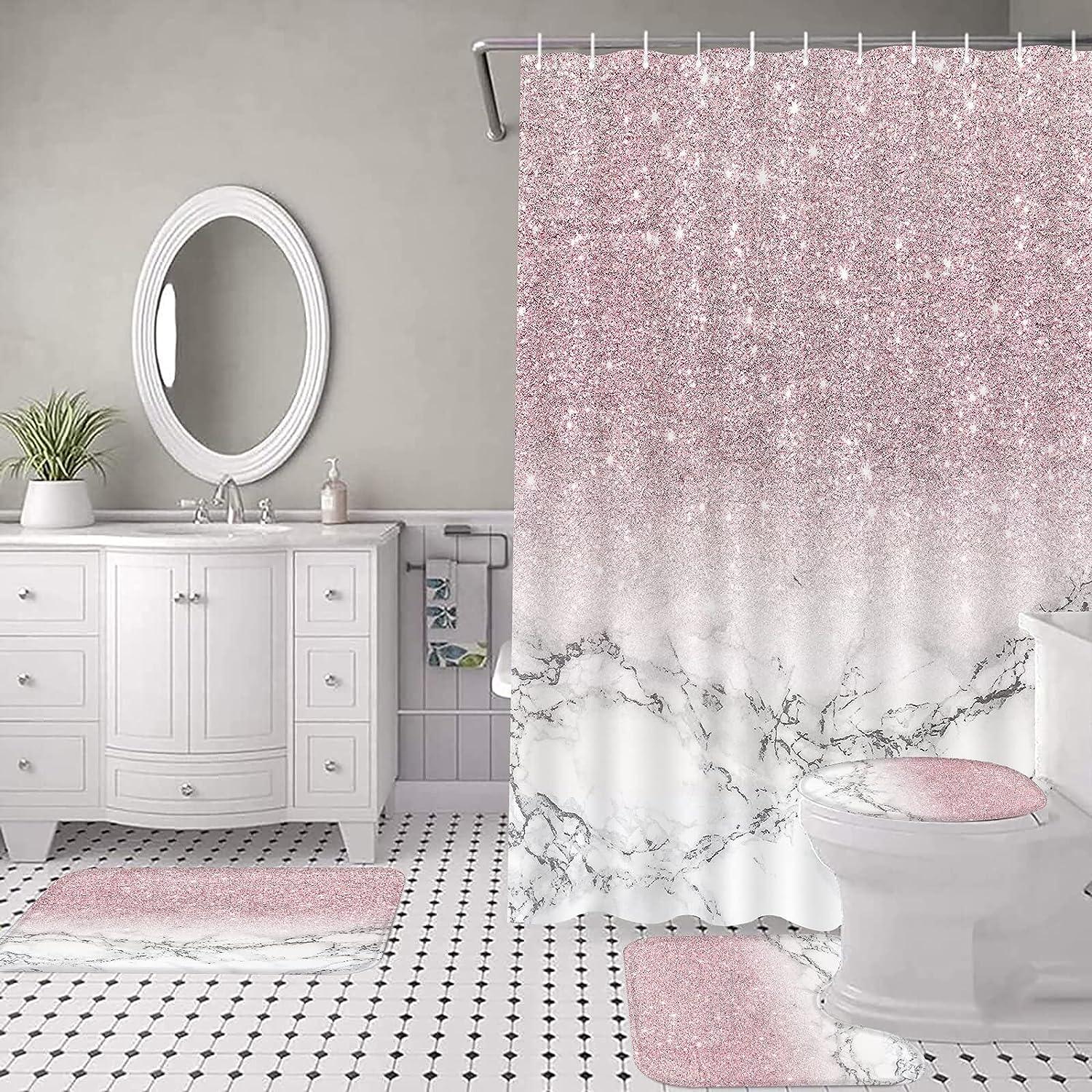Juego de 4 cortinas de ducha con diamantes brillantes, con ribete de baño  rosa brillante, alfombra y asiento de inodoro, cortina de baño moderna y col