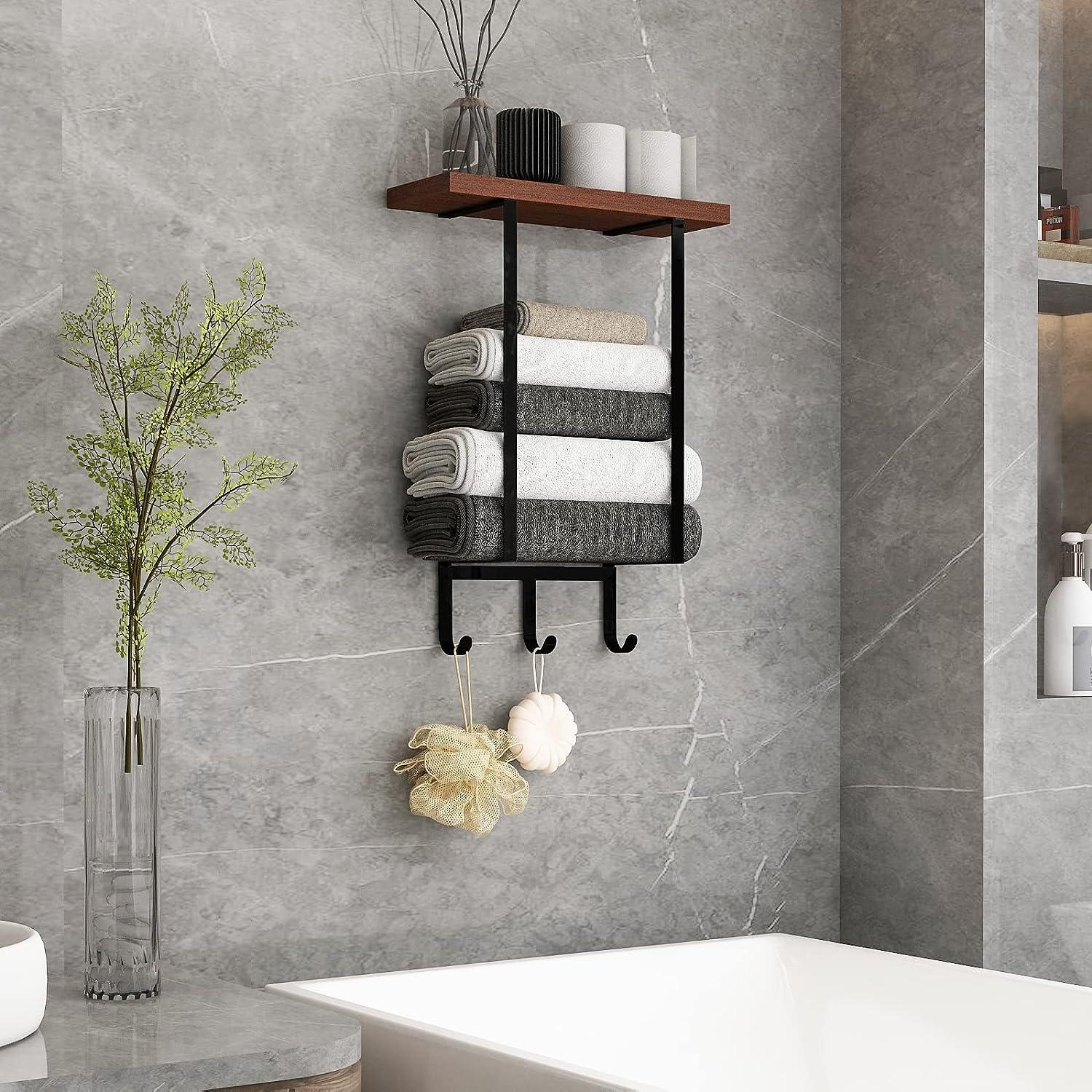 Toalleros para baño montado en la pared, toallero con estante de madera y 3  ganchos para toallas de mano, organizador de almacenamiento de toallas de