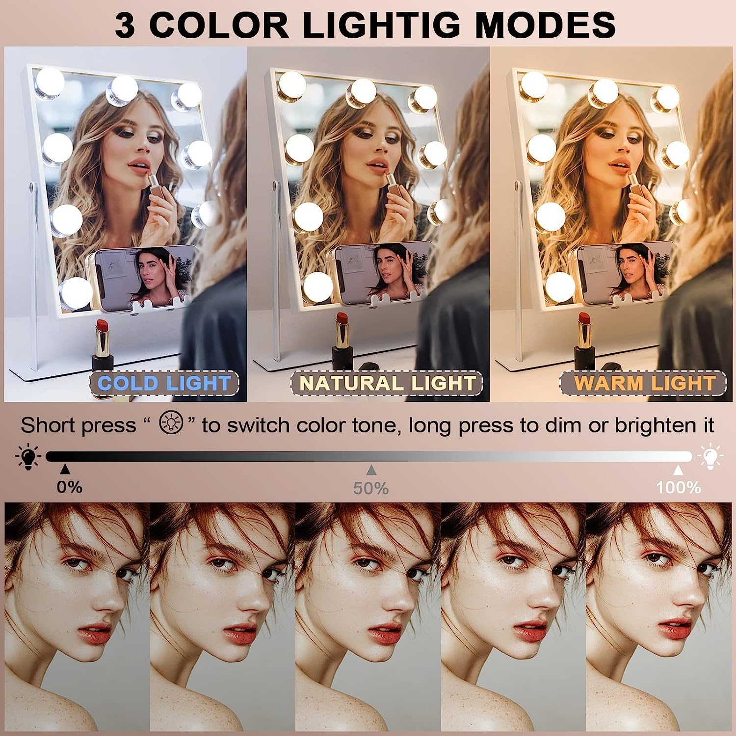 Hansong Espejo de tocador con luces con 9 bombillas LED, espejo de  maquillaje con luces, 3 modos de iluminación de color, espejo de maquillaje