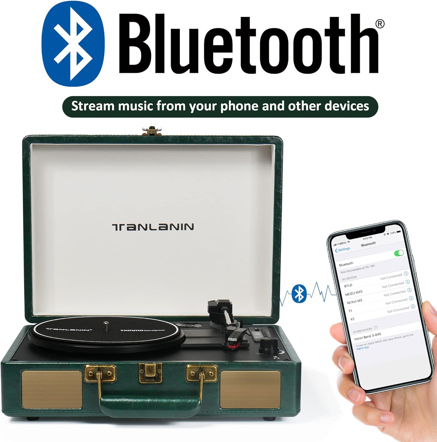 Tocadiscos portátil de maleta USB con Bluetooth vintage de 3 velocidades con