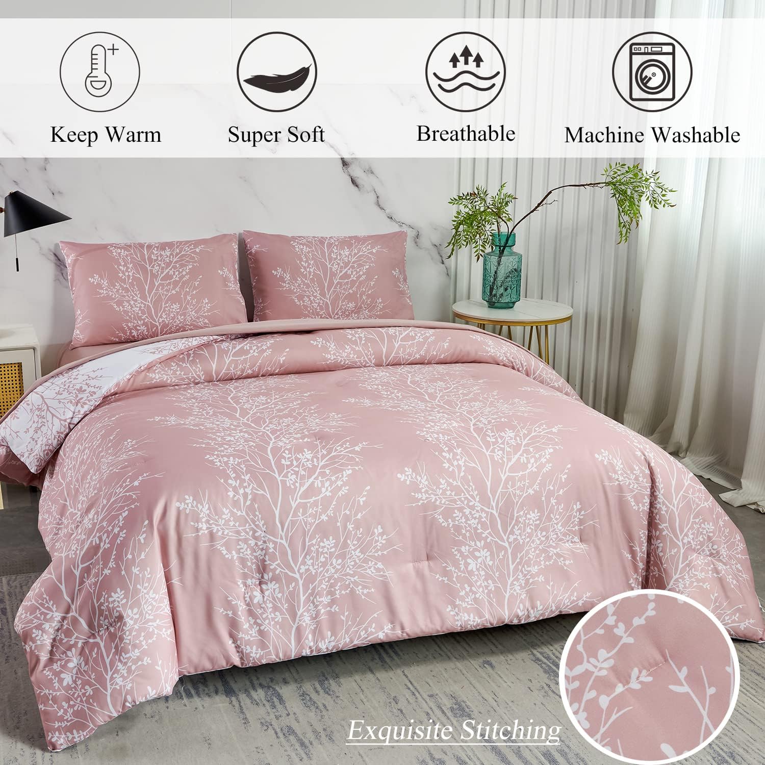 Bed in a Bag Juego de edredón de 5 piezas, tamaño Queen, color rosa, con patrón