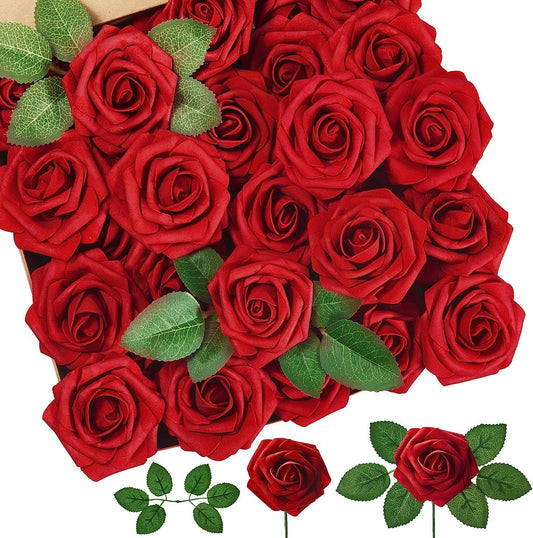 Rosas artificiales, 50 unidades, color rojo oscuro con tallos, flores - VIRTUAL MUEBLES