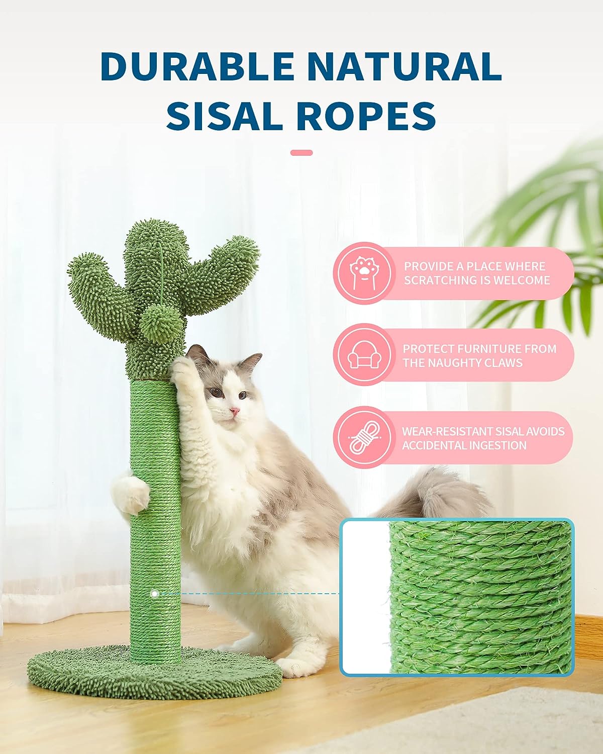 Poste rascador para gatos, rascador de cactus con cuerda de sisal natural para