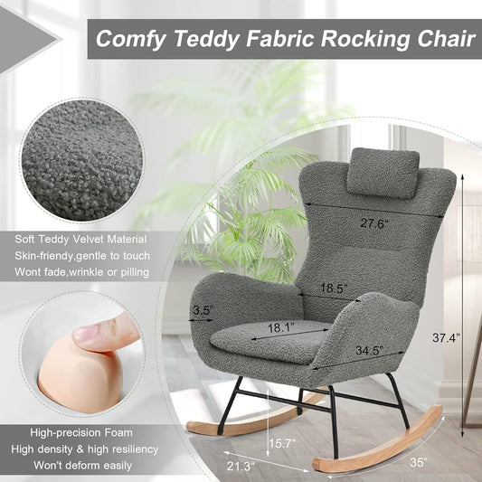Teddy Mecedora tapizada para guardería, cómoda mecedora gris con asiento