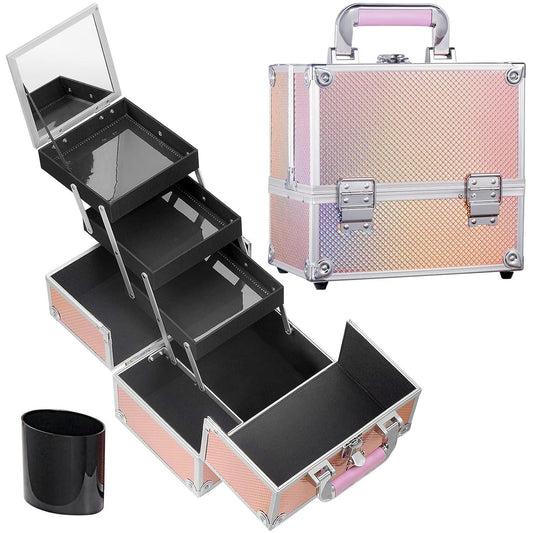 Makeup Train Case Portable Makeup Organizer Case 3 Trays with Brush Holder, - VIRTUAL MUEBLES