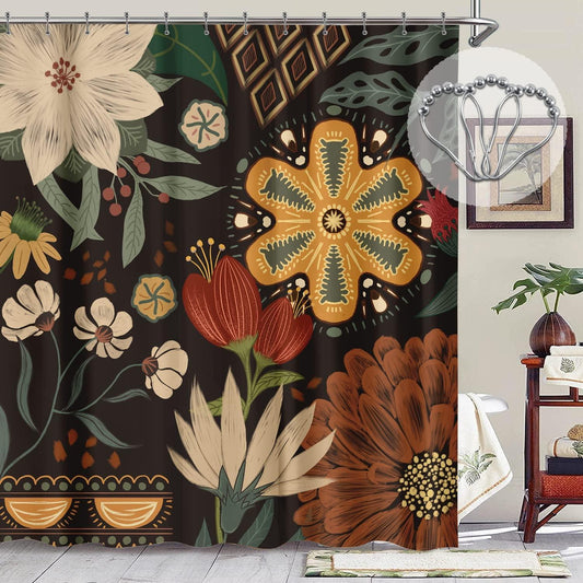 Cortina de ducha abstracta con diseño botánico floral bohemio, cortina de ducha - VIRTUAL MUEBLES