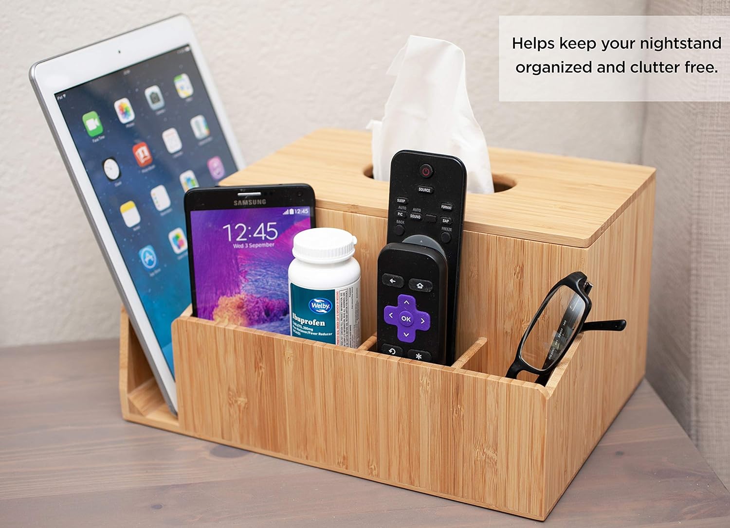 Bamboo Tissue Box Holder & Tablet Stand Organizer for Bedroom & Desktop