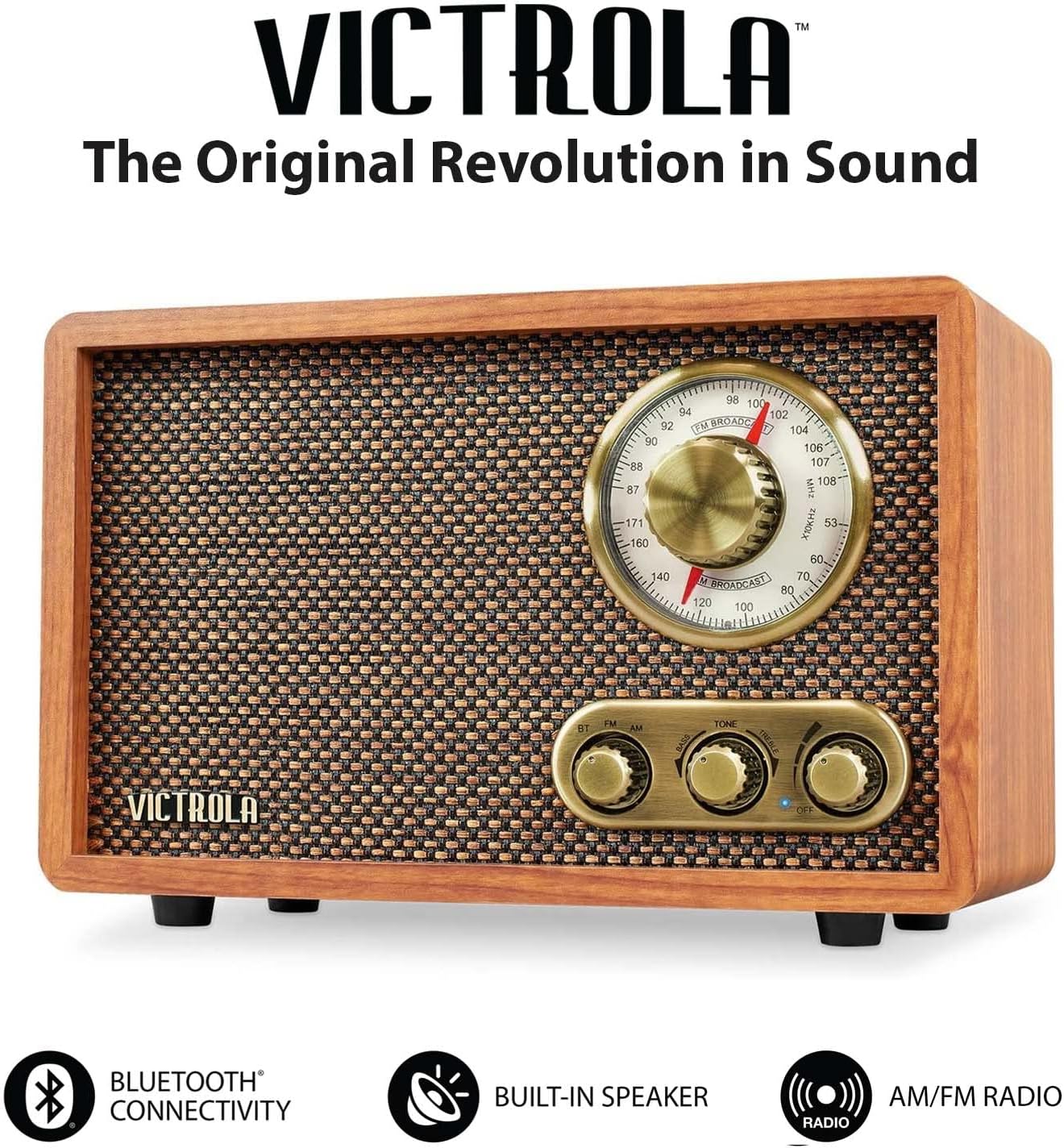Victrola Radio Bluetooth de madera retro con altavoces integrados, diseño