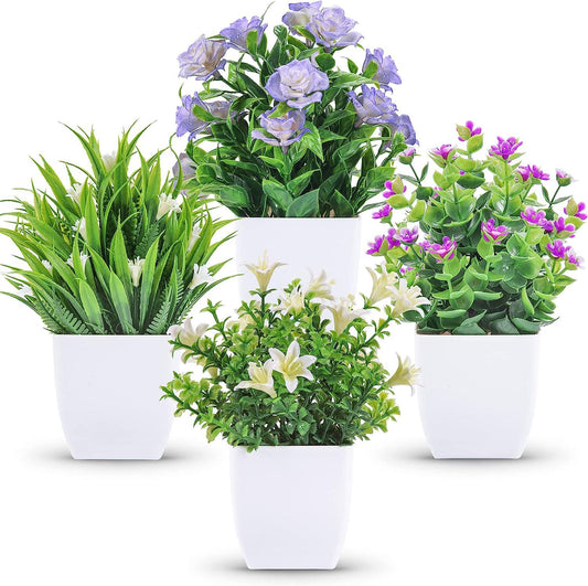 Paquete de 4 pequeñas plantas falsas artificiales con flores para decoración - VIRTUAL MUEBLES