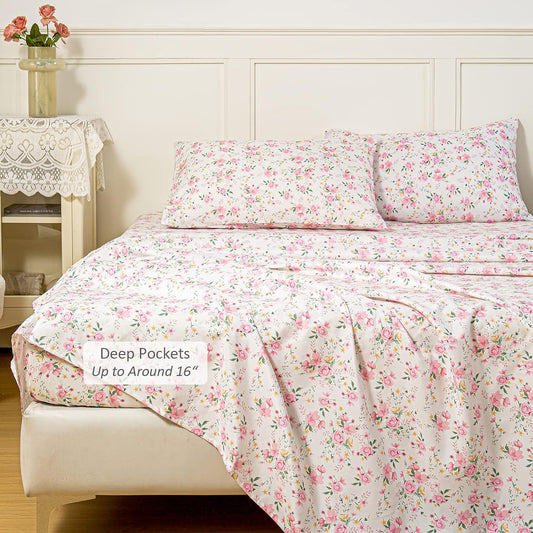Juego de sábanas tamaño King romántico con estampado floral rosa, 100%