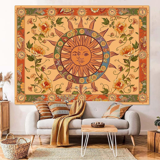 Kanuyee Tapiz bohemio de sol y luna, color naranja, hippie para dormitorio,