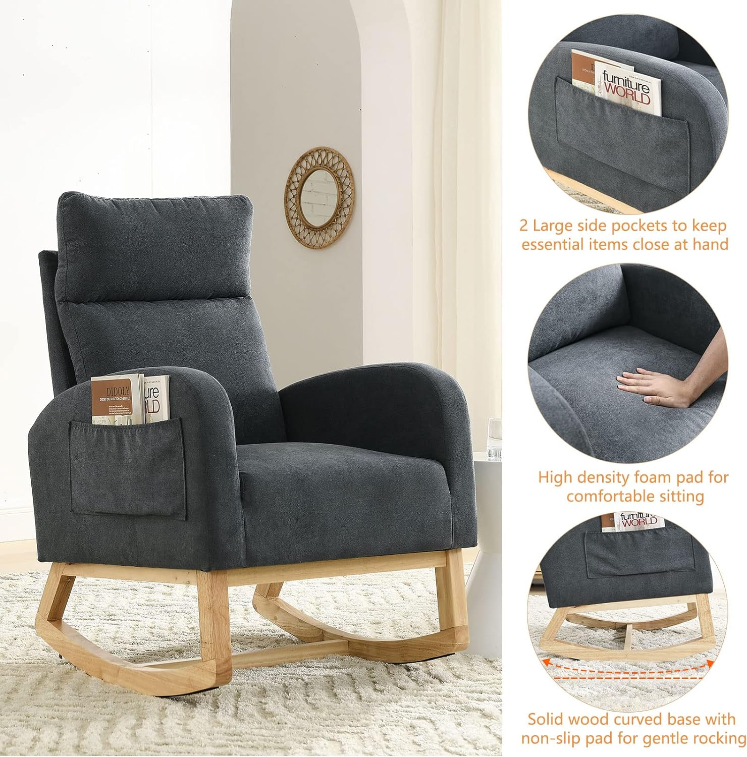 Mecedora para guardería, sillón moderno y cómodo con bolsillo lateral, sillas