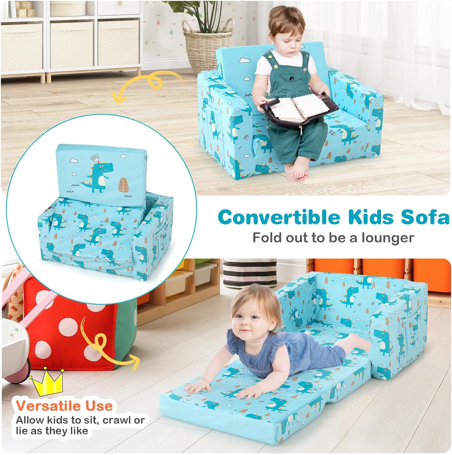 Sofá para niños, sofá abierto 2 en 1 con estructura de esponja resistente, tela