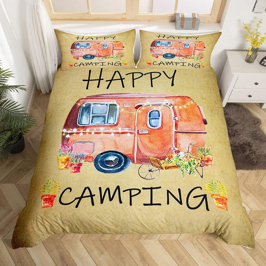 Juego de funda de edredón de acuarela, tamaño individual, Happy Camping para