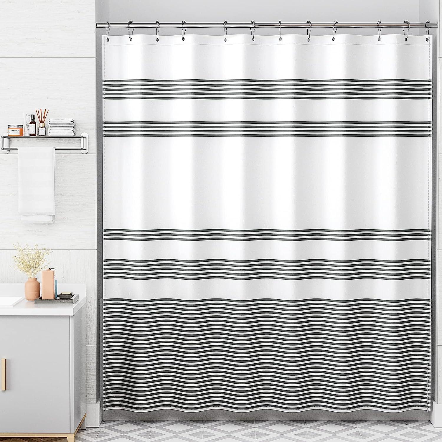 Juego de cortinas de ducha de tela cortina de ducha negra a rayas con 12 - VIRTUAL MUEBLES