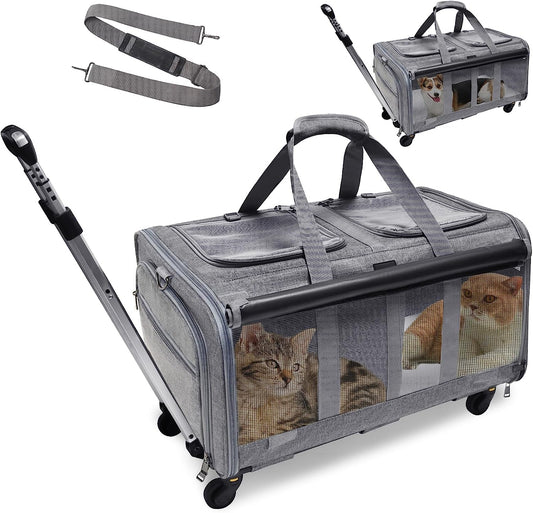 Transportador de doble compartimento para mascotas con ruedas para 2 mascotas,