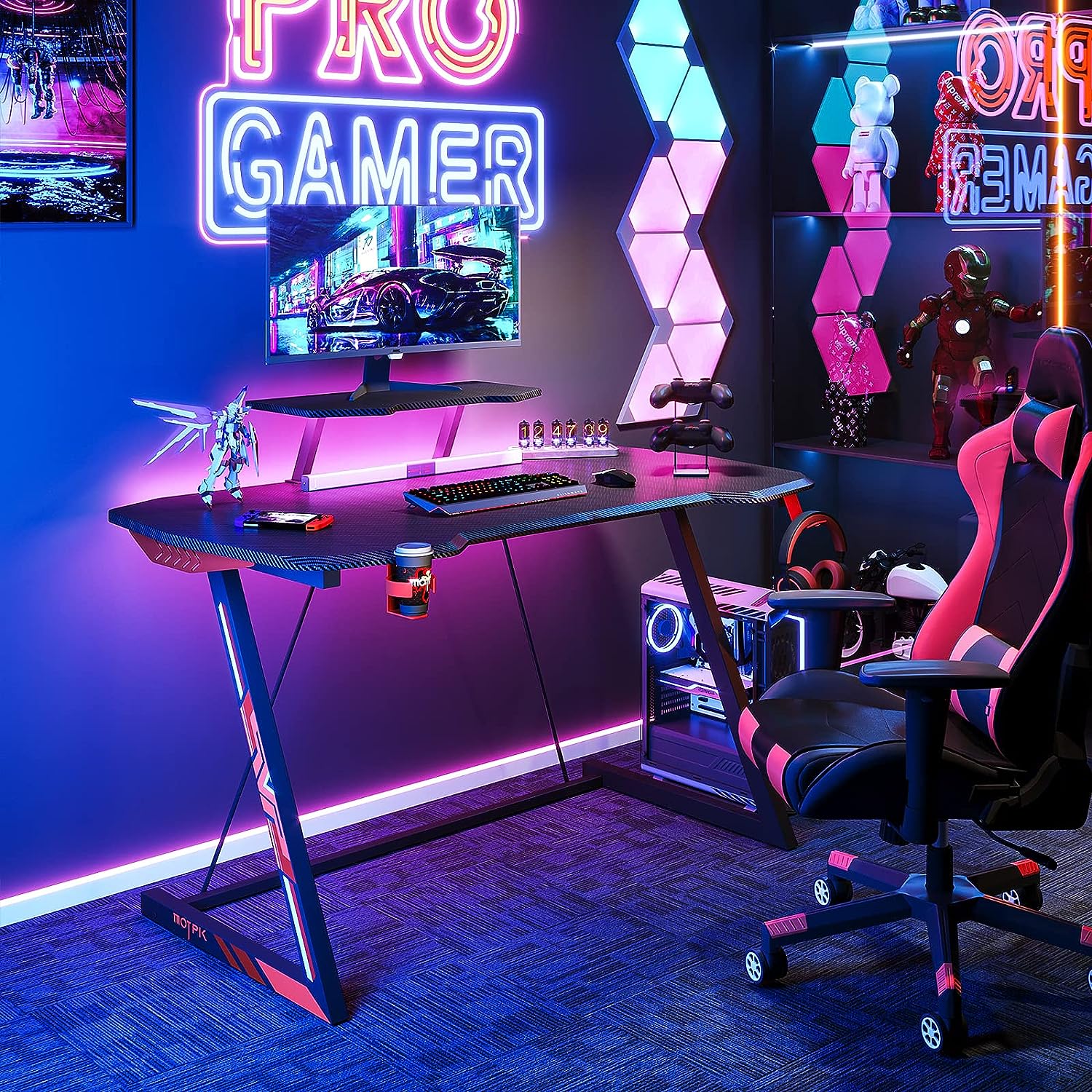 Escritorio mesa gamer gaming desk gamer desk con porta vasos y soporte  altavoz