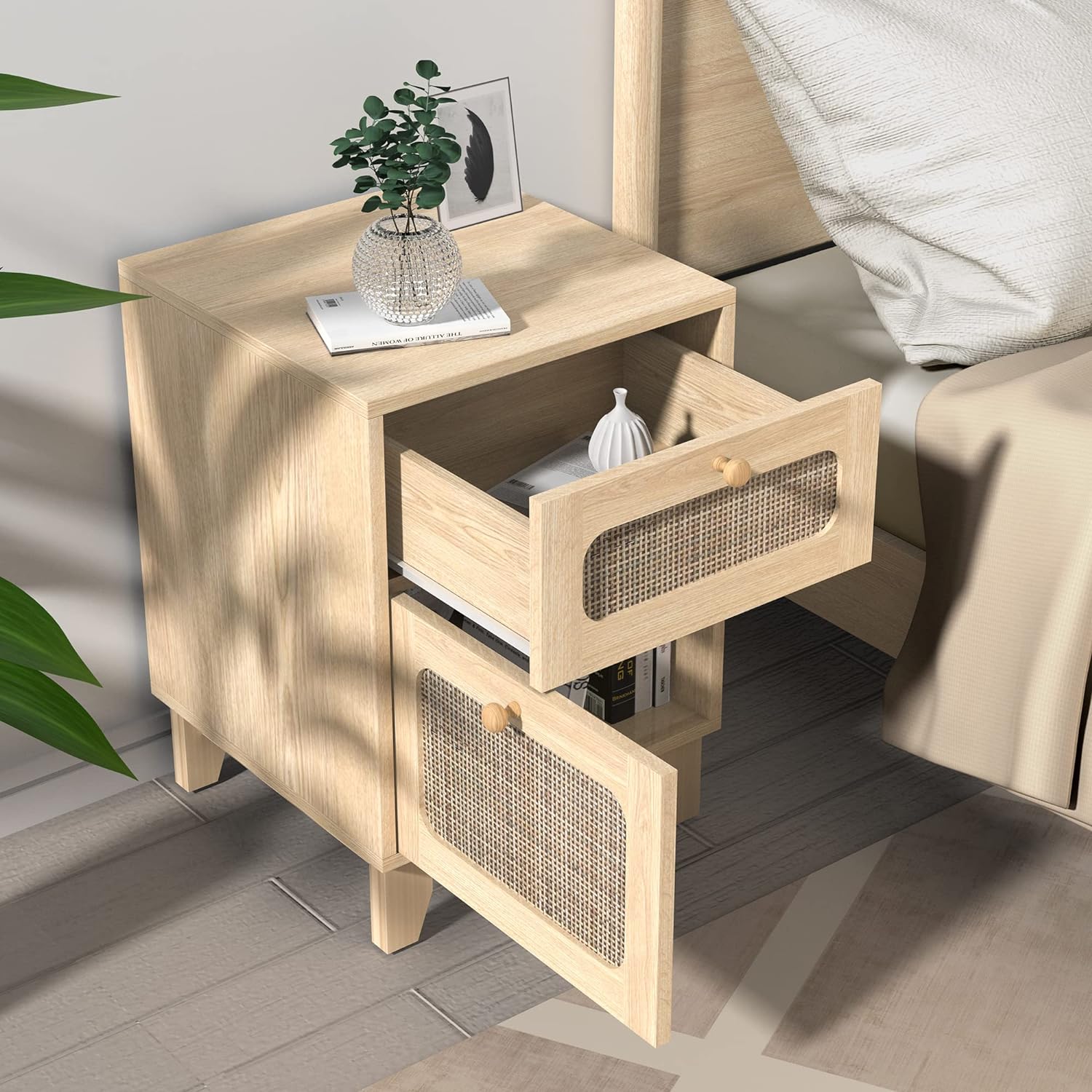 Mesita de noche de ratán mesa auxiliar de madera para sala de estar y dormitorio