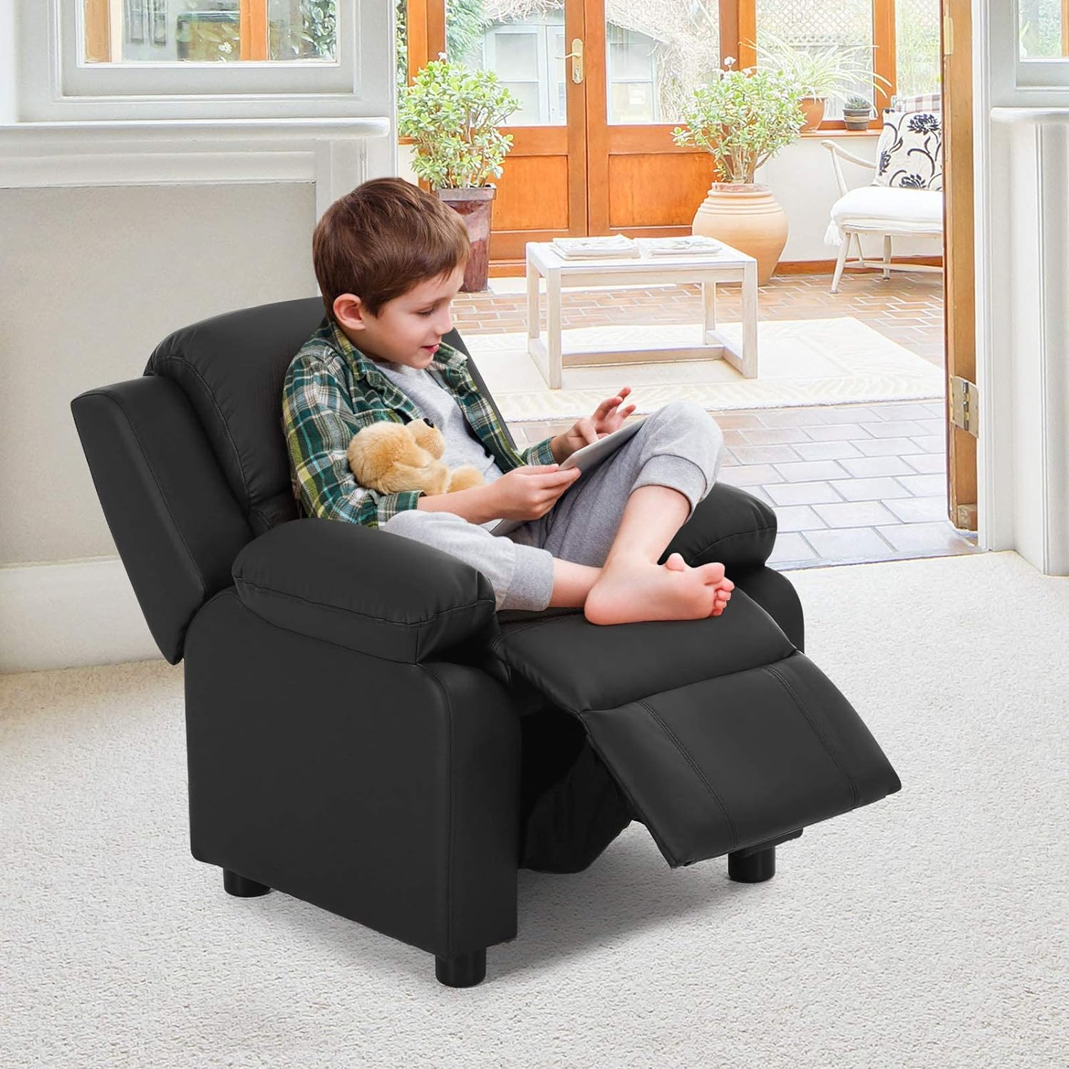 ReunionG Sofá reclinable para niños, sillón de cuero para niños con reposapiés,