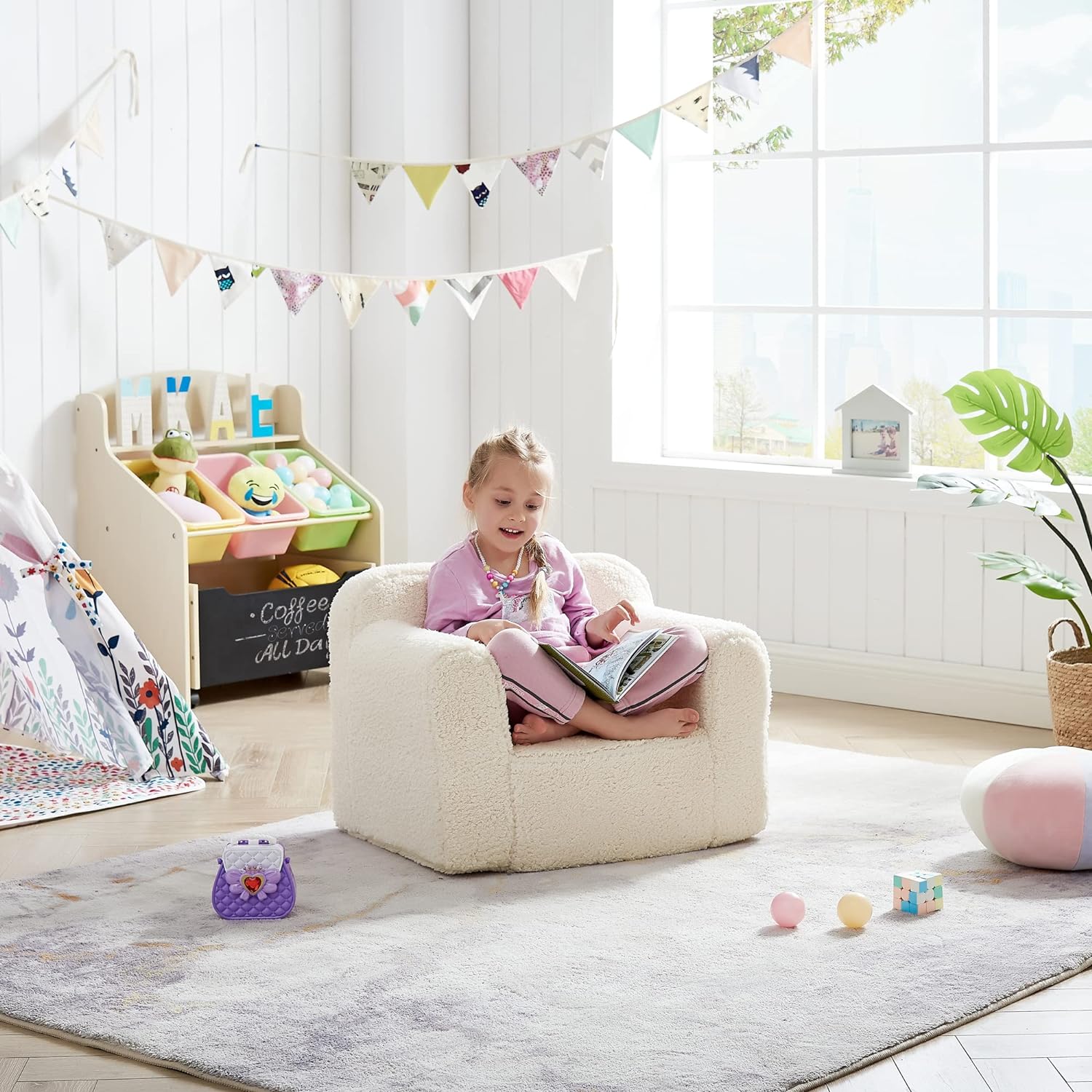 Ulax Furniture - Sillón para niños pequeños, sofá de bebé con tela Sherpa  para niños y niñas (gris)