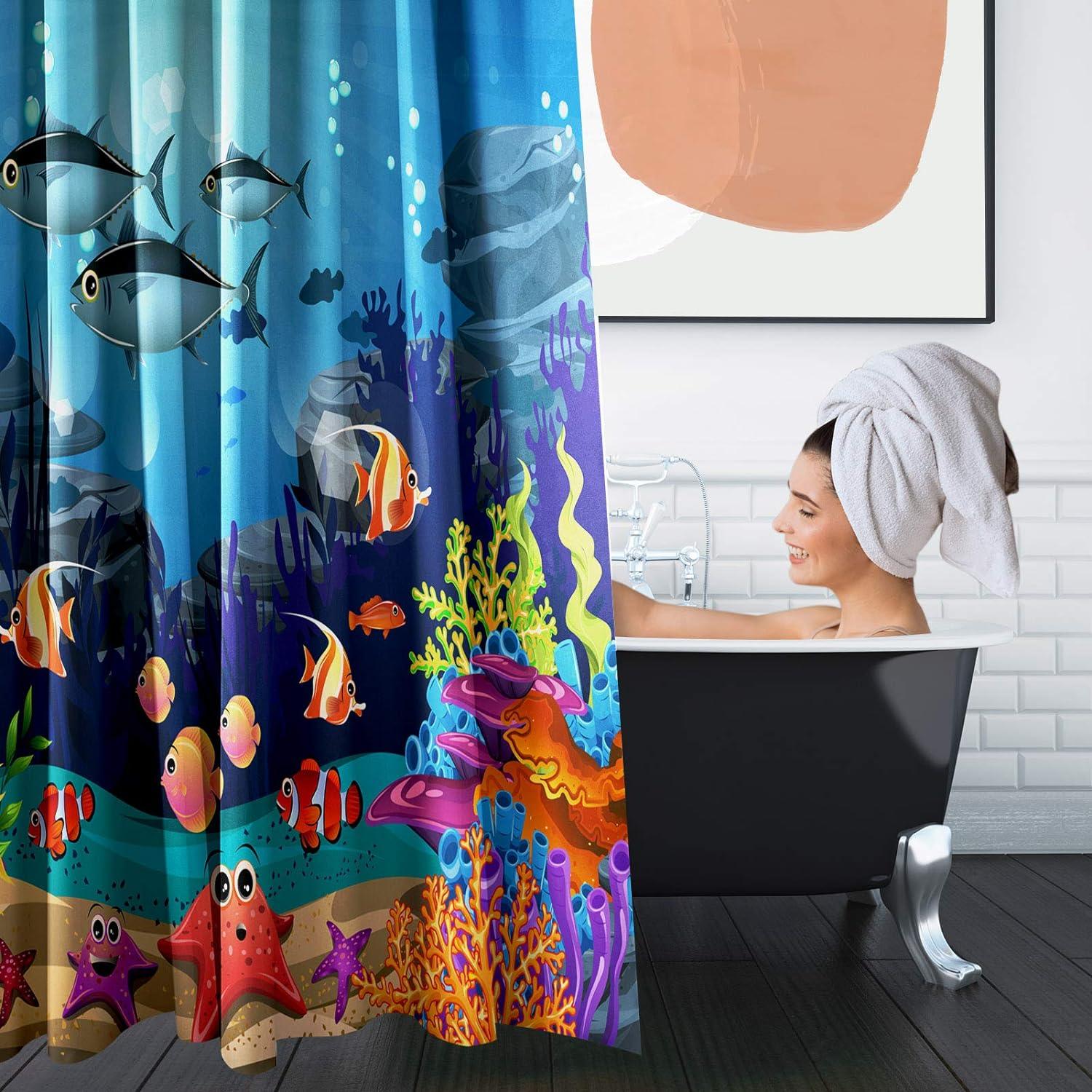 Juego de cortinas de ducha de 4 piezas, peces azules con alfombras - VIRTUAL MUEBLES