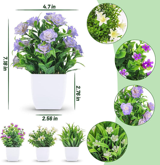 Paquete de 4 pequeñas plantas falsas artificiales con flores para decoración - VIRTUAL MUEBLES