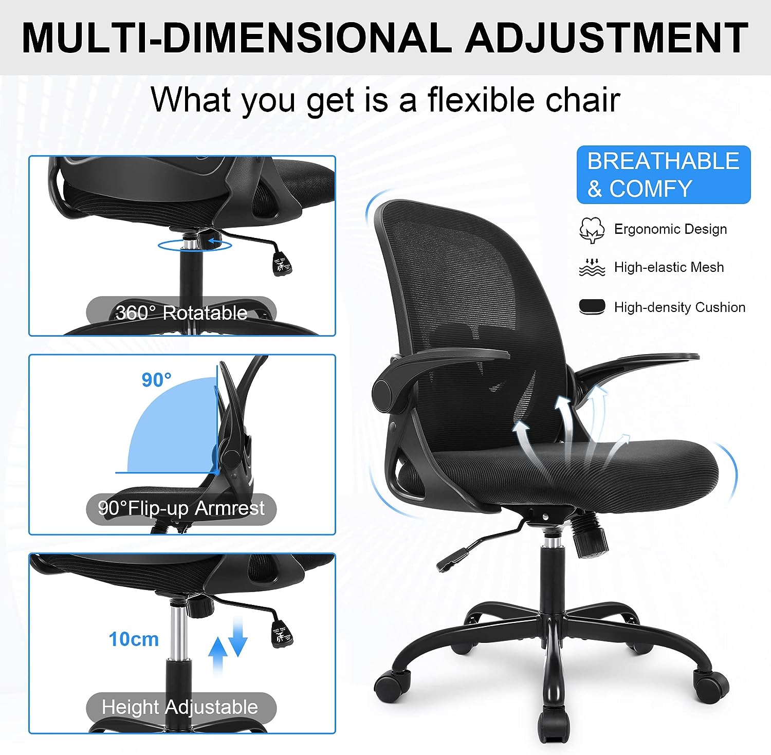 Silla ergonómica – Una silla de escritorio versátil con soporte lumbar  ajustable, respaldo de malla transpirable y ruedas lisas – Experimenta una