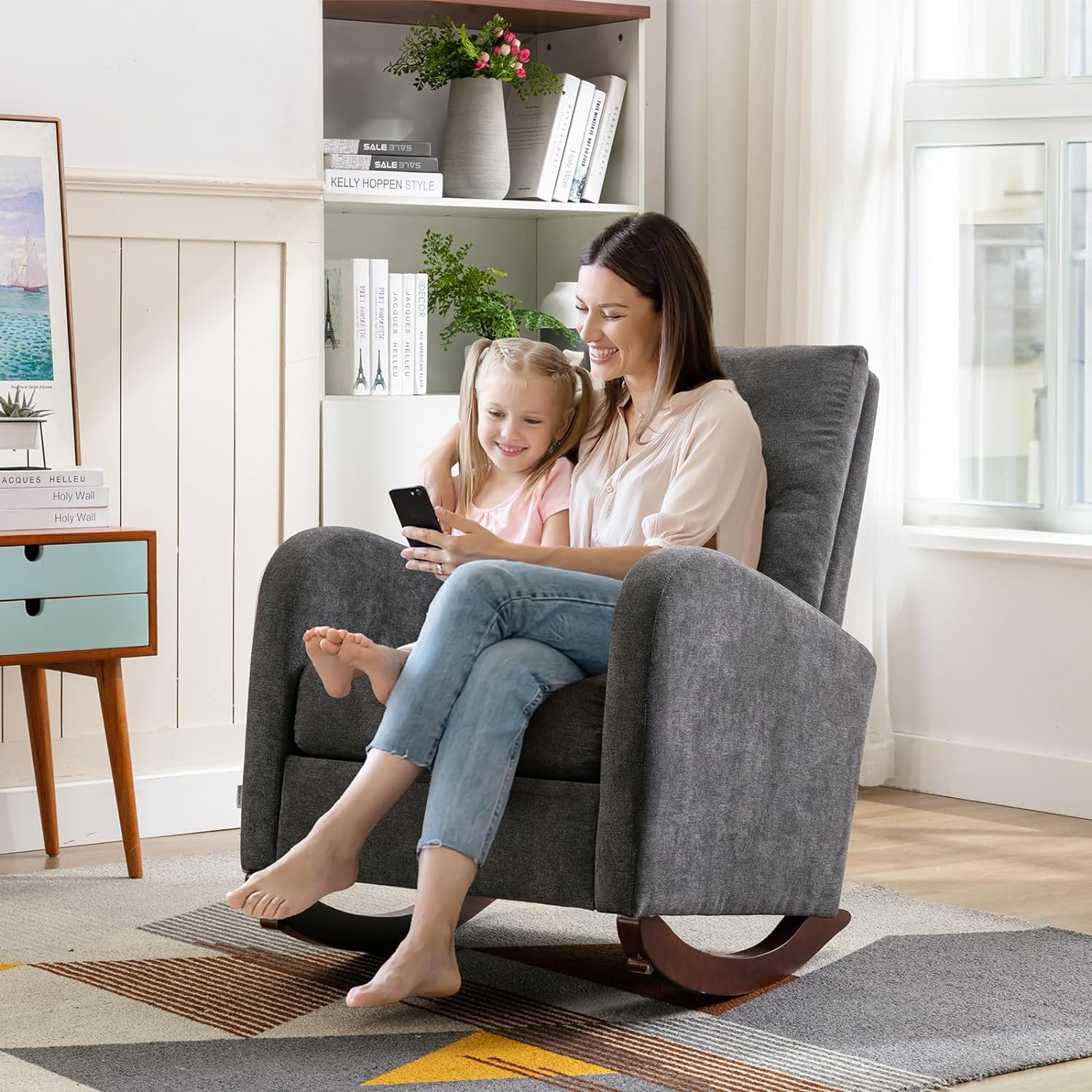 Mecedora moderna para guardería, silla mecedora tapizada con respaldo alto