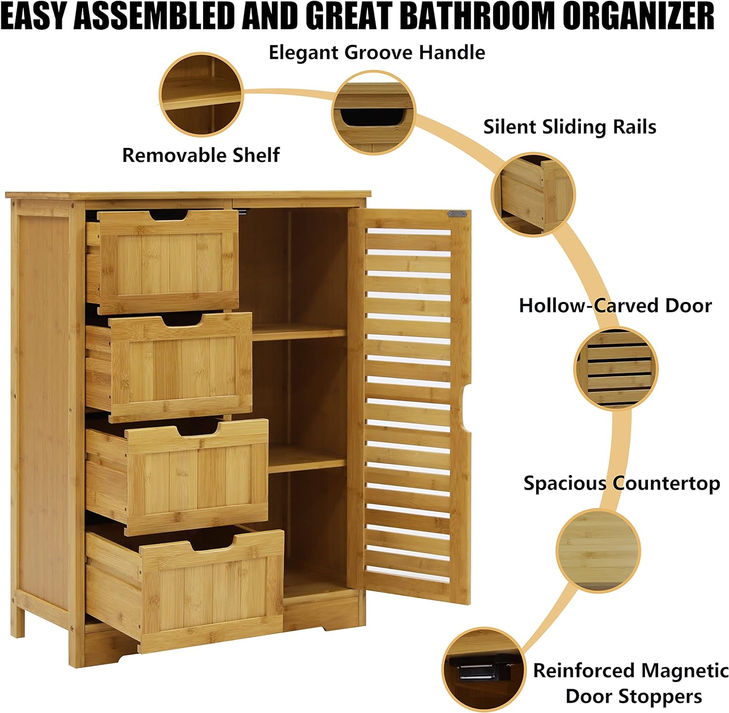Armario de almacenamiento pequeño de bambú con 4 cajones y 1 armario toalla de