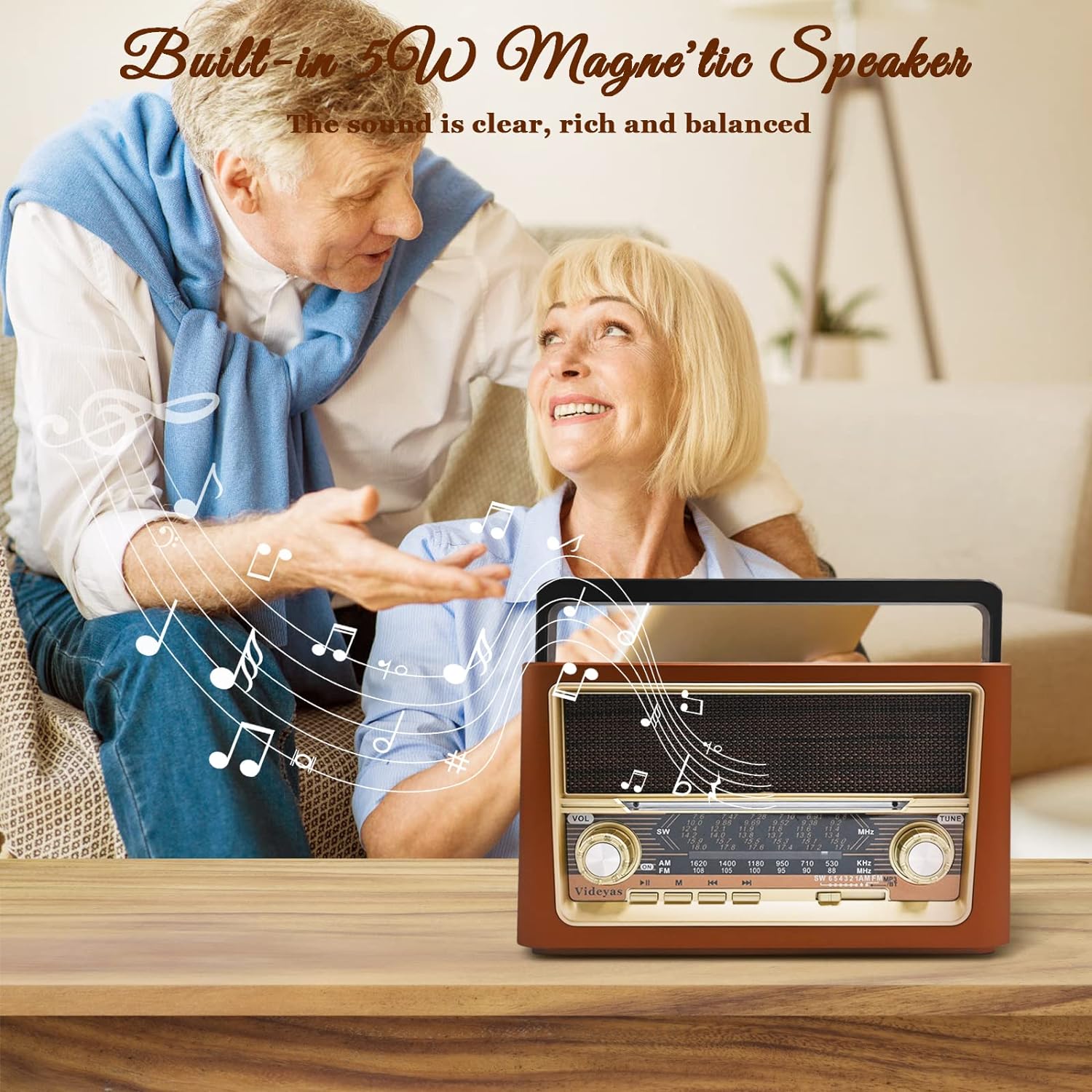 Radio retro AM FM, radio portátil vintage de onda corta con altavoz Bluetooth,